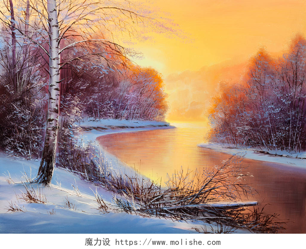 原始油画的冬季风景绘画冬季森林